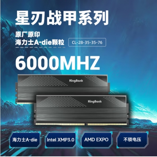 金百达KINGBANK 96G6400Hz DDR5 星刃（16G*2）黑色/无灯 海力士M-die C32 台式机内存