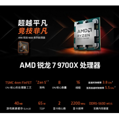 AMD 锐龙 7 9700X处理器R7 4nm 8核 16线程 加速频率至高 5.5GHz 65W AM5接口 AMD 9000新品